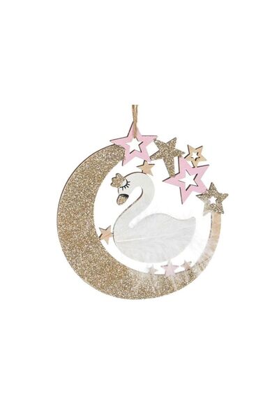 Jumbo Ornament din Lemn Brad de Craciun Lebada Alba cu Pene Luna Glitter & St...