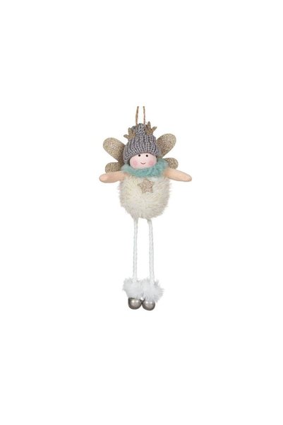 Jumbo Ornament Brad de Craciun din Lemn Ingeras cu Blana Alba Caciula cu Glit...
