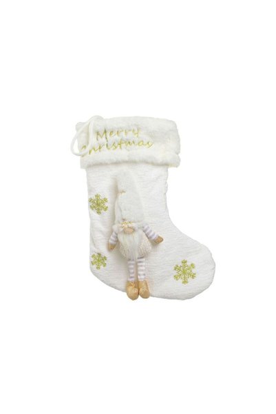 Jumbo Cizmulita Decorativa de Craciun Alba cu Figurina Gnome & Fulgi Aurii 38cm