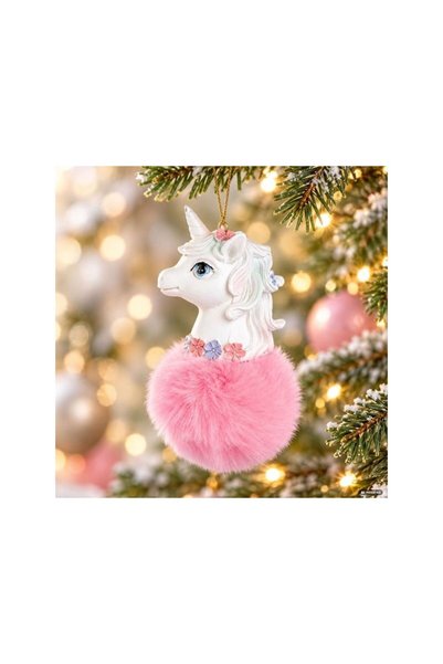 Jumbo Ornament de Brad din Polirasina in Forma de Unicorn cu Blana Roz 10cm