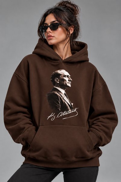ENB1R MODA هودي كبير الحجم مطبوع عليه ATATURK مع جيب الكنغر، سميك وعالي الجود...