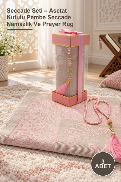 Yenilig 3-Piece Prayer Rug Set – Pink Prayer Rug with Acetate Box and Prayer Mat