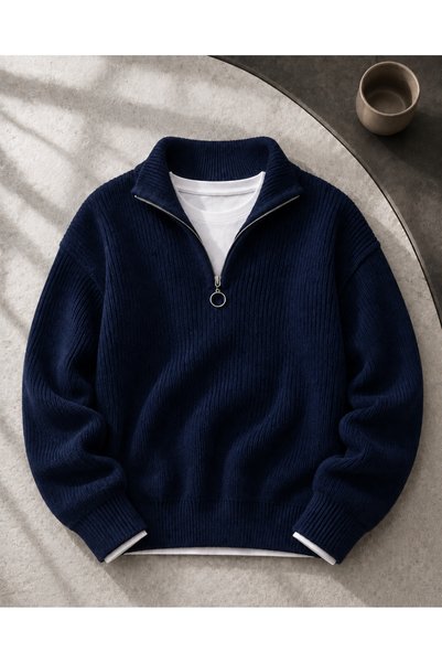 OTAKU Men's Half-Zipper Stand Collar Ribbed Knit Sweater