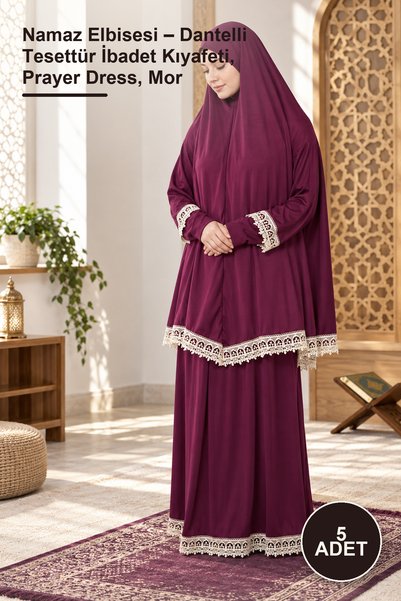 Yenilig 5 Pieces Prayer Dress – Lace-Trimmed Islamic Worship Clothing, Prayer...