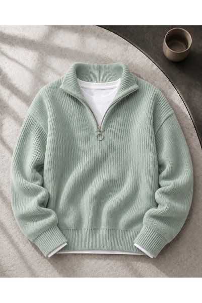 OTAKU Men's Half-Zipper Stand Collar Ribbed Knit Sweater