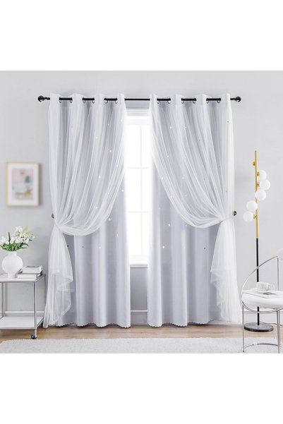 Generic Romantic Kids Curtain,Hollow-Out Stars Window Curtain Double Layer Bl...