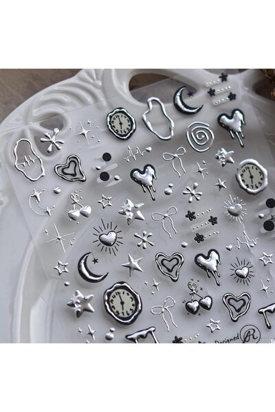 HaveLovely 5D Embossed Nail Art Stickers, Silver Metal Design Heart Star Cloc...