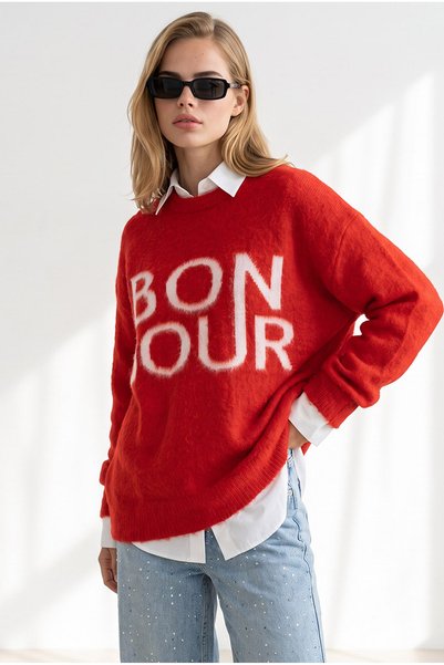 Olalook Pulover tricotat oversize roșu Şardonlu Bonjour pentru femei KZK-1900...
