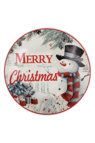 OEM Farfurie de Craciun din Portelan Alb cu Model Om de Zapada "Merry Christm...