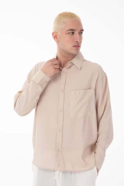 SLN COLLECTİON Stand Collar Single Pocket Detailed Long Sleeve Modal Shirt - ...