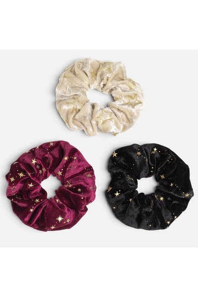 OEM Set 3 Elastice de Par Catifelate de Craciun Bordo Negru Ivoire cu Stele d...