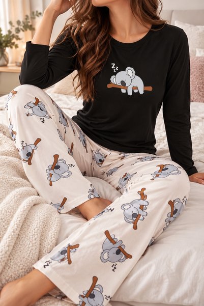 Zaya Homewear طقم بيجامة كوالا سوبر سوفت أسود بأكمام طويلة