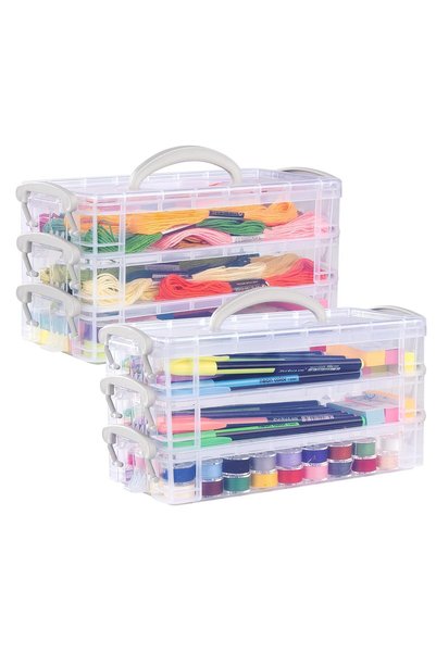 ALMEKAQUZ 2Pcs Stackable Plastic Pencil Box with Latching Lids & Handle - Ver...