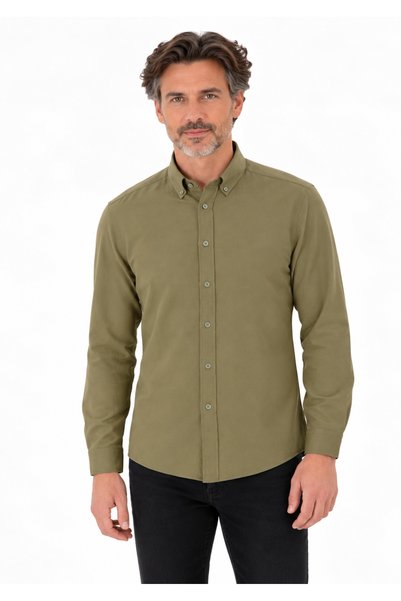 kzy giyim Men's Khaki Slim Long Sleeve Basic Shirt