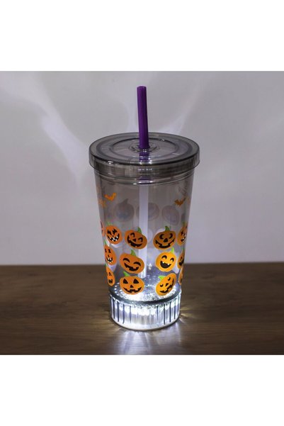 OEM Smoky Black Party Glass with Halloween Pumpkins Straw Lid & Light - 530ml