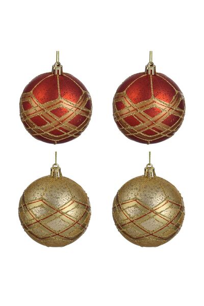 OEM Set Globuri de Craciun Rosii Aurii cu Modele Glitter Ø8cm - 4buc