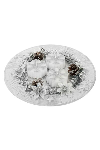 OEM Platou Decorativ de Craciun cu 3 Lumanari Argintii Fulgi 24cm