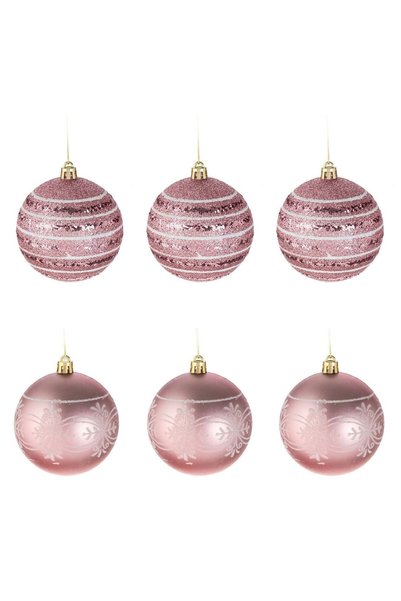 OEM Set Globuri de Craciun Roz Mat Lucioase cu Dungi cu Glitter & Modele Albe...