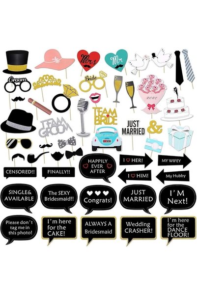 TERRIFI 52 Pcs Wedding Photo Booth Props, Photobooth Props Kit with Bamboo Sk...