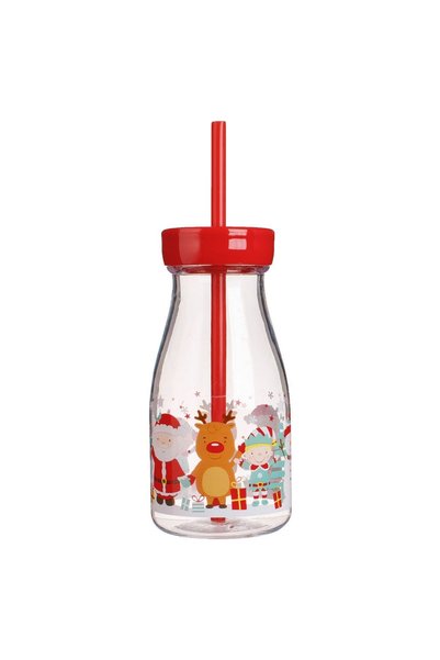 OEM Transparent Plastic Christmas Bottle with Figurine Lid & Straw 400ml