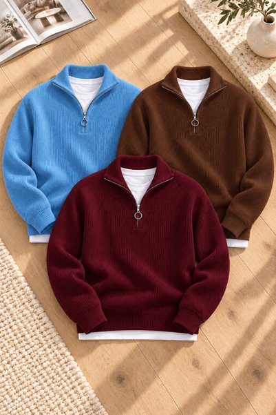 legends butik Men's 3-Piece Set of Thick Knit Winter Sweaters with Stand-Up C...