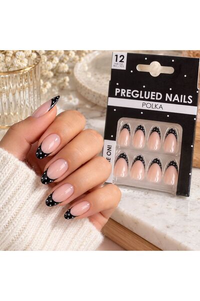 OEM Unghii False cu Adeziv Nude cu French Negru & Buline - 12buc