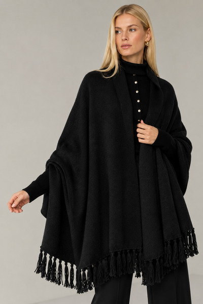 Wega Moda Γυναικείο Πλεκτό Χειμερινό Πόντσο με Φούντες στα Μανίκια - Σάλι Ώμο...