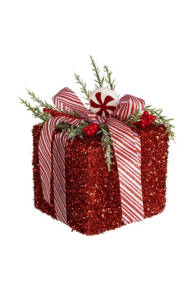 OEM Christmas Decoration Gift with Red Tinsel Striped Ribbon 12x12x18cm