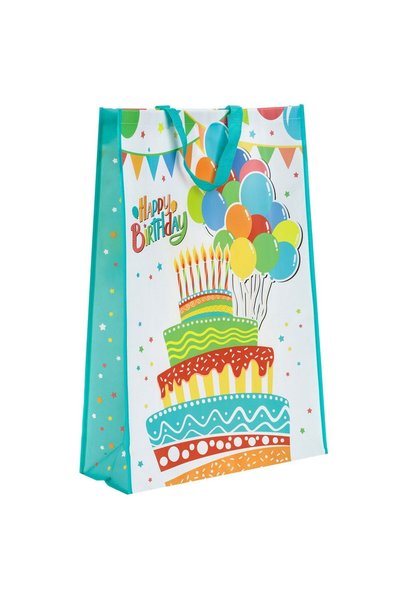 OEM Sacosa Cadou din PP Alba cu Model Tort Colorat & Baloane "Happy Birthday"...