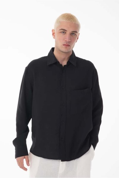 SLN COLLECTİON Stand Collar Single Pocket Detailed Long Sleeve Modal Shirt - ...