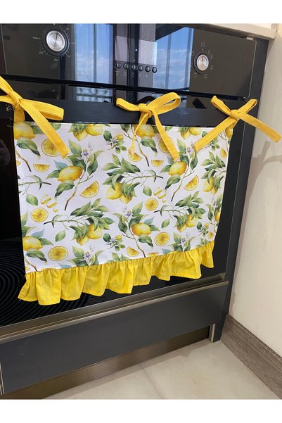 ESPERA HOME DESİGN Limon Desenli Sarı Fırfırlı Fırın Önü Örtüsü, Fırın Perdesi