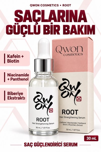 QWON ROOT Saç Güçlendirici Bakım Serumu – Kafein, Biotin ve Biberiye Ekstraktı İçeren 30 ml
