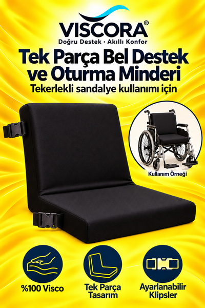 VISCORA Tekerlekli Sandalye Minderi – Tek Parça Visco Destek ve Oturma Minderi, Klipsli