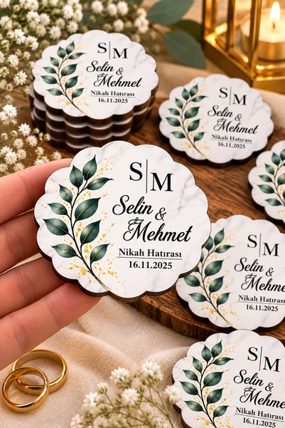 hediyyenvar Kişiye Özel Nikah Magneti – Mermer Desenli, Çiçekli ve Gold Detaylı MDF UV Baskı Hediyelik Magnet 25 Adet