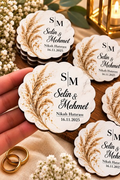hediyyenvar Kişiye Özel Nikah Magneti – Mermer Desenli, Çiçekli ve Gold Detaylı MDF UV Baskı Hediyelik Magnet 25 Adet