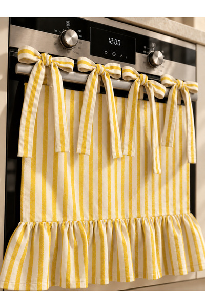 Mirilliahome Keten Bej Çizgili Fiyonklu Fırın Örtüsü | Fırfırlı Fırın Perdesi...