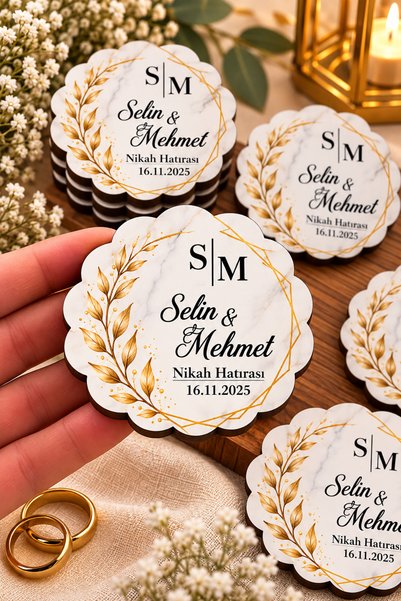 hediyyenvar Kişiye Özel Nikah Magneti – Mermer Desenli, Çiçekli ve Gold Detaylı MDF UV Baskı Hediyelik Magnet 25 Adet