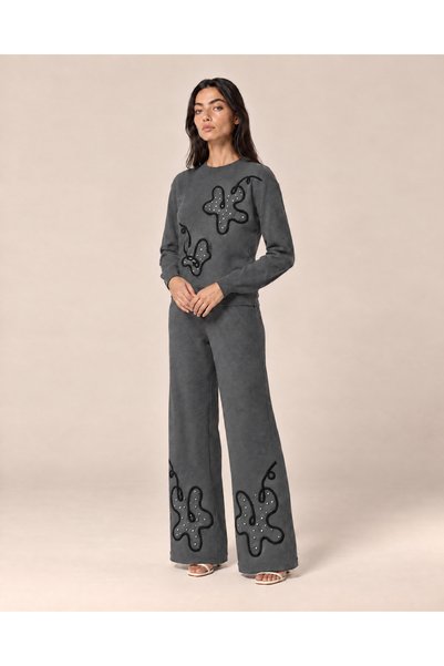 TOP CLOTHE طقم نسائي شتوي صوف تريكو قطعتين بلوزة بأكمام طويلة وبنطال واسع بتط...