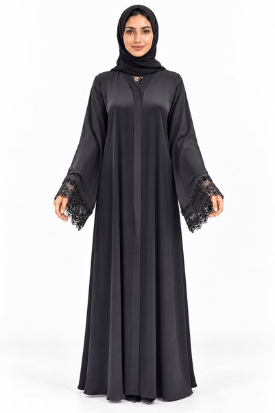 MOHAMED ZAHABI Abaya with Lace Sleeves |   Lace Cuff Long Abaya
