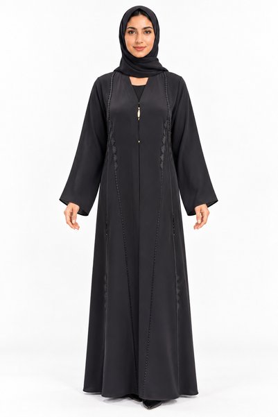 MOHAMED ZAHABI Abaya with Embellished Edges and Neckline |   Embellished Trim...