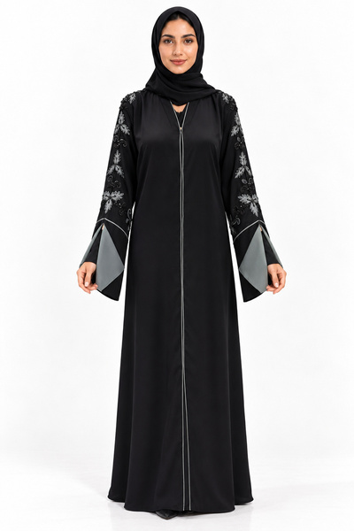 MOHAMED ZAHABI Abaya with Floral Embellishments and Open Sleeves |   Botanica...