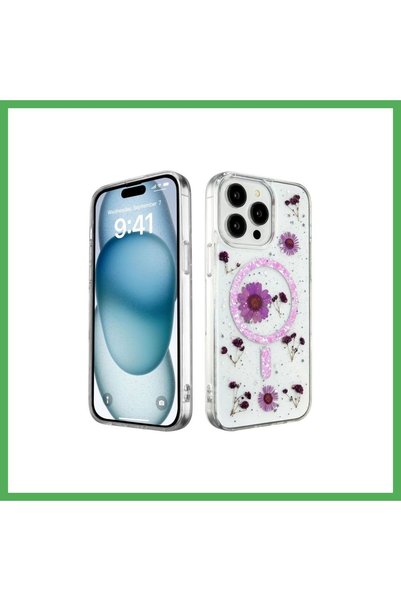 Nur store Çanta iPhone 14 Pro Compatible Case Daisy Glitter Magsafe Cover - P...