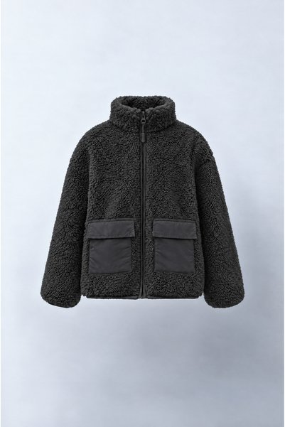 Magu Girl's black plush cotton jacket with zipper and pockets