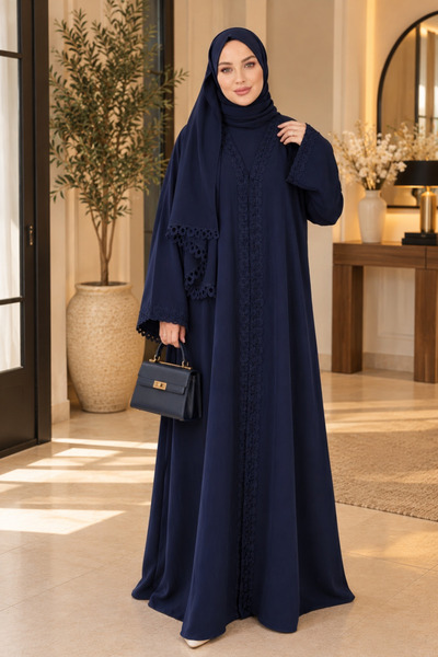 Esila Lacivert 3’lü Dantelli Abaya Takım 💙