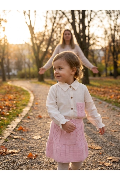 INFANT Set cămașă cu buzunar tricot și fustiță roz prăfuit