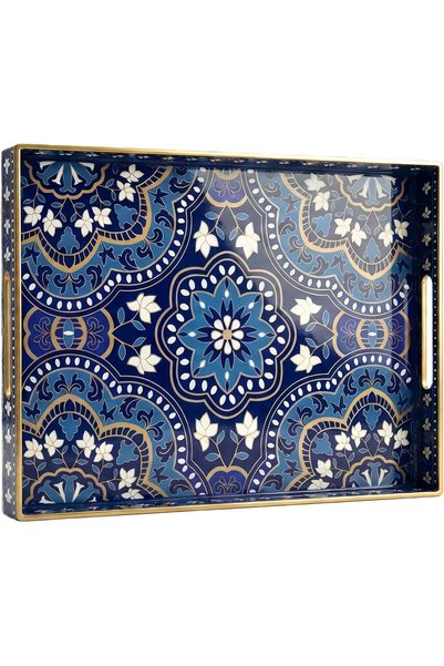 Generic Decorative Serving Tray with Handles - 38*25*4.5 cmBlue Mandala Patte...