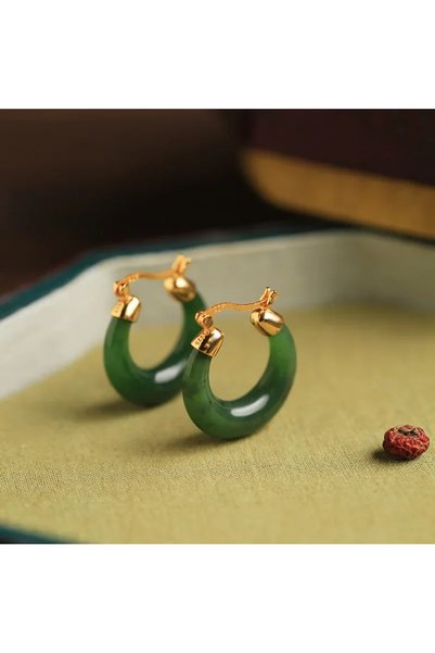 Choice green Designer original natural Hetian jasper hoop earrings for women ...