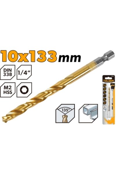 TOLSEN رؤوس حفر من التيتانيوم HSS/M2 بساق سداسي 1/4 بوصة 10.0x133 مم (0.39"x5...