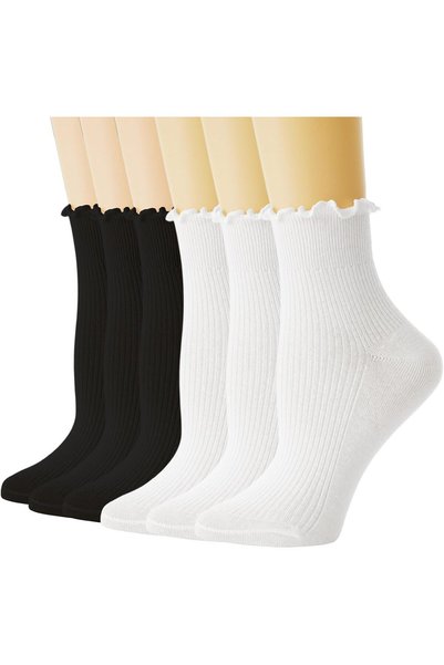 Generic جوارب نسائية مكشكشة، 6 أزواج من الجوارب القطنية ذات الحواف المموجة وا...