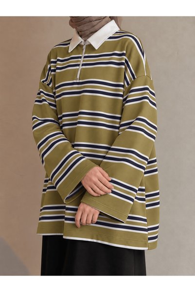 Hepsi Moda بلوزة بولو مخططة - أخضر زيتي (OS)